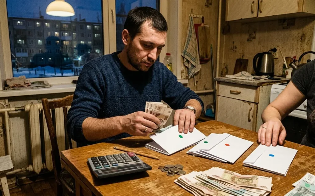 Мужчина распределяет деньги между расходами и финансовым резервом