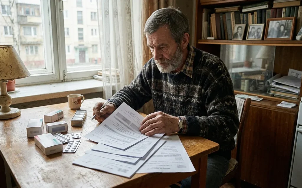 Мужчина собирает медицинские документы и список лекарств