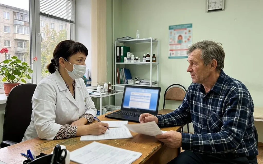 Врач и пациент обсуждают дальнейший план на консультации