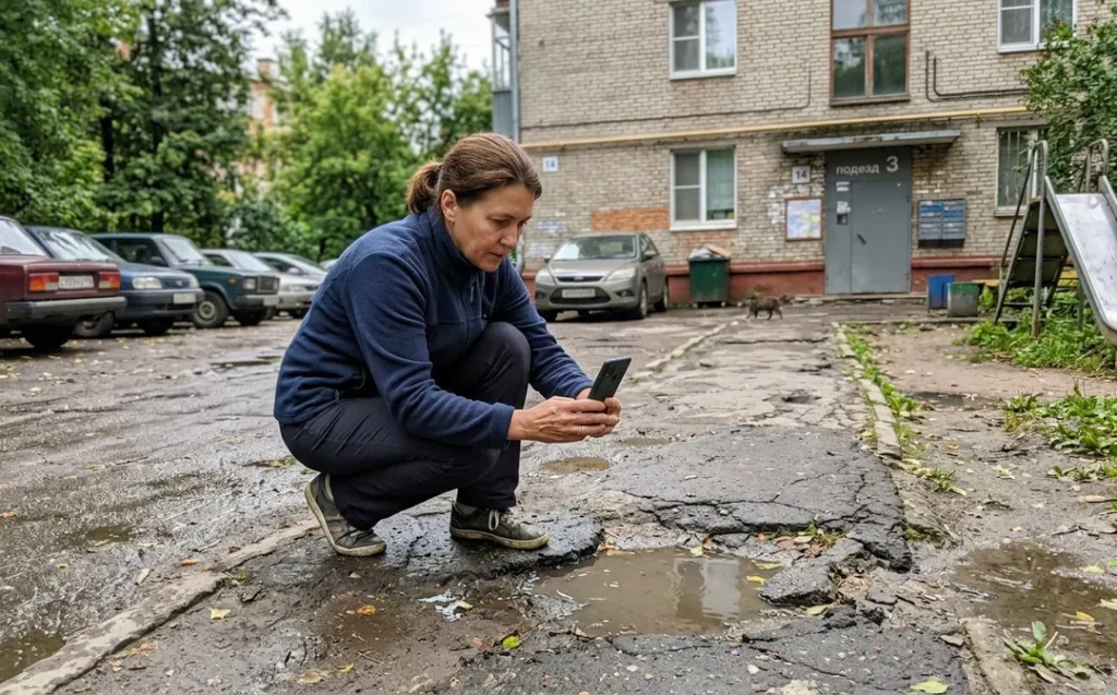 Женщина фотографирует повреждённую дорожку во дворе